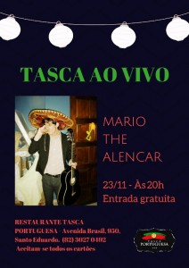 Em novo formato, projeto musical do restaurante Tasca Portuguesa apresenta o cantor, compositor e guitarrista Mário Alencar, da banda Killing Surfers, em projeto solo nessa quinta-feira (23), às 20h 